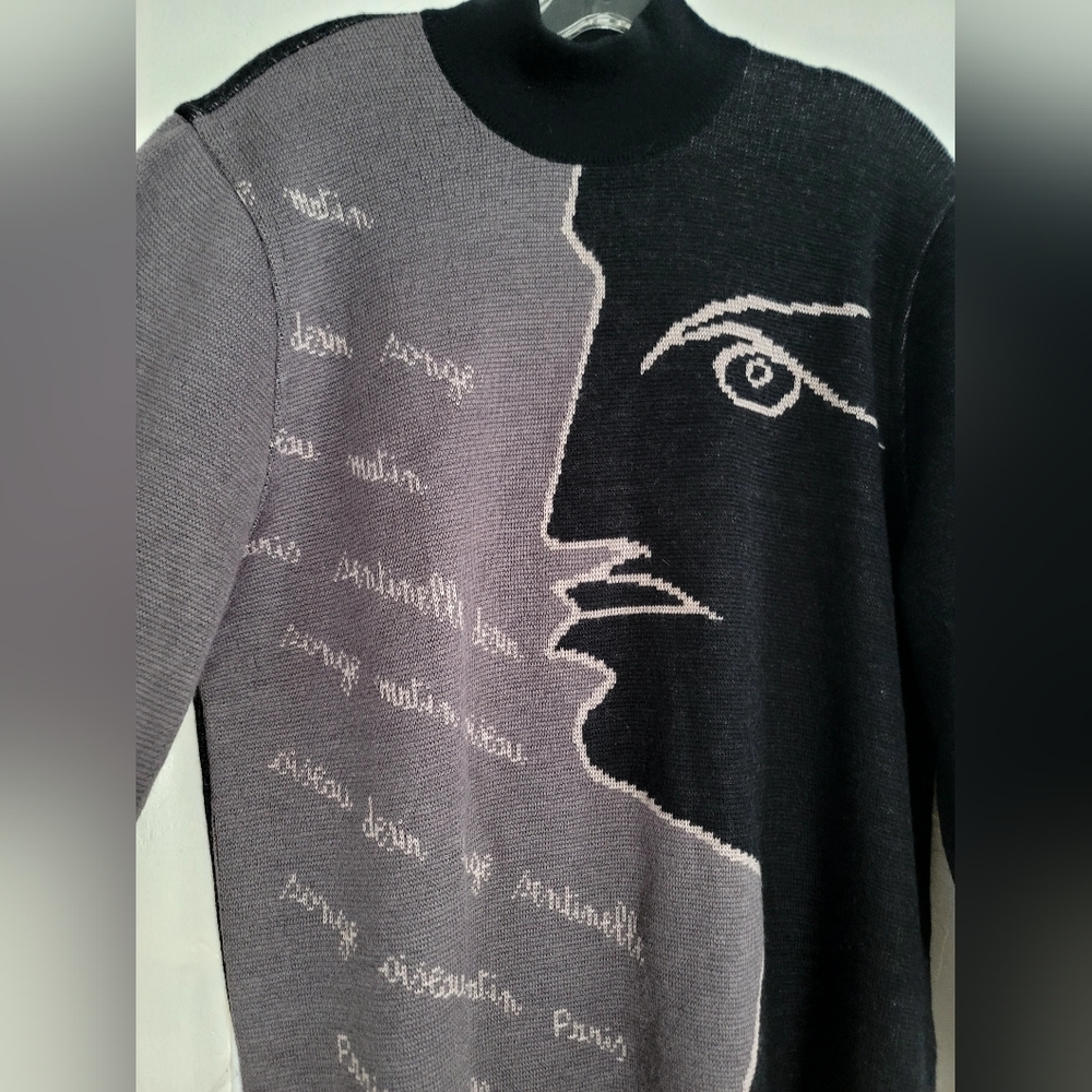 Vtg Rodier Black Gray Mock Neck Graphic Wool Blend Tunic Sweater Size Large - Picture 4 of 13